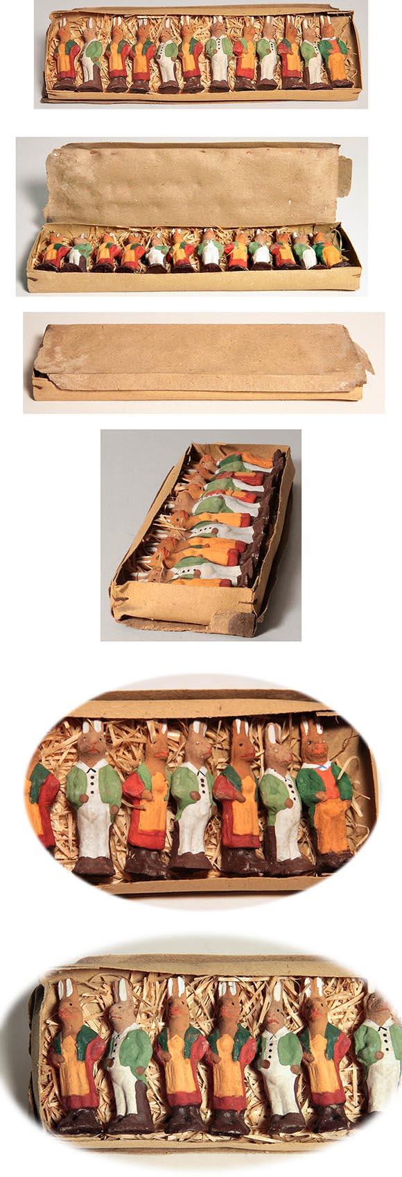 c.1920 Germany, 12 Composition Easter Bunny Figures in Original Box